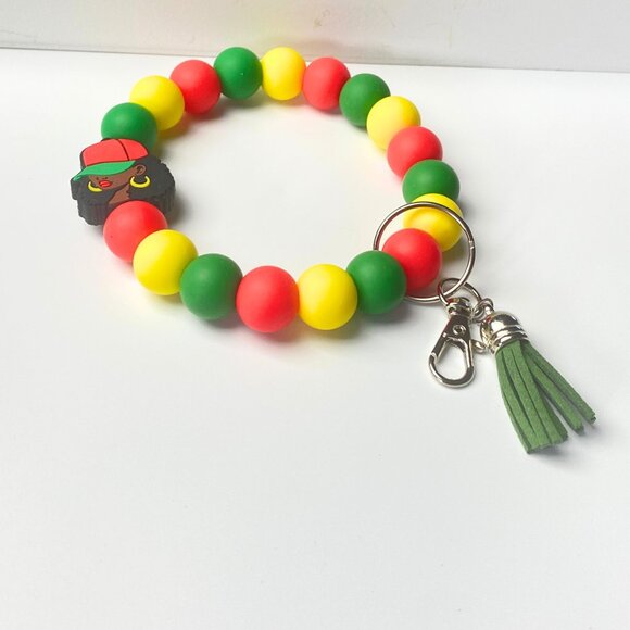 Rasta Beaded Bracelet Keychain w/ Afro Lady Charm – Handmade Jewelry - Picture 2 of 3